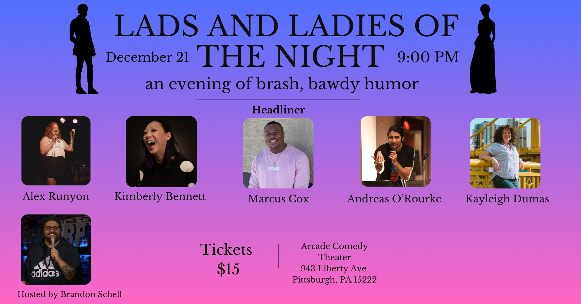 Join us for an evening of bawdy humor and raunchy tales. Pearls will be clutched, loins girded and lips pursed. But through those lips slips a giggle, because no one can resist the raucous and rowdy lads and ladies of the night.